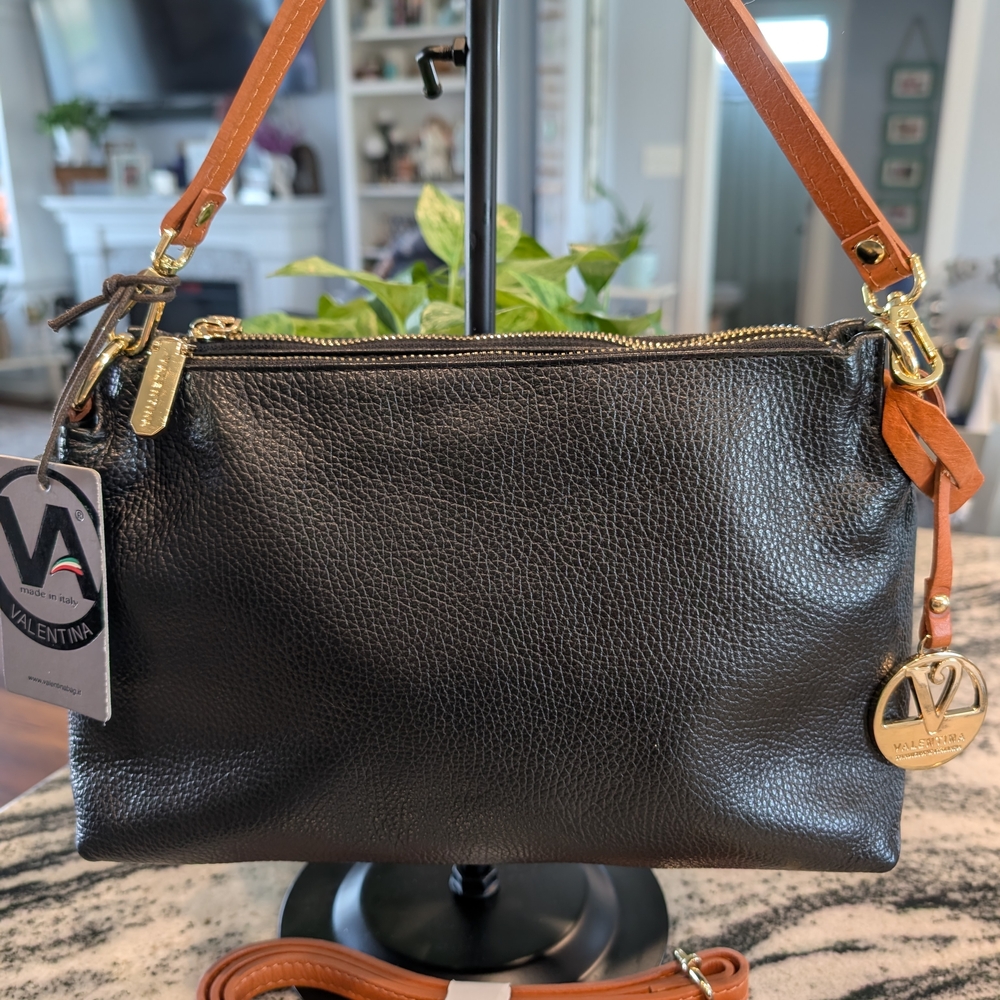 Valentina Black Leather Shoulder Bag with Tan Straps